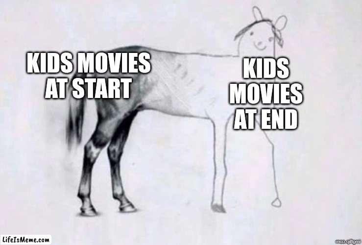 Friendships and dancing at the end | KIDS MOVIES AT START; KIDS MOVIES AT END | image tagged in horse drawing,movies | made w/ Lifeismeme meme maker