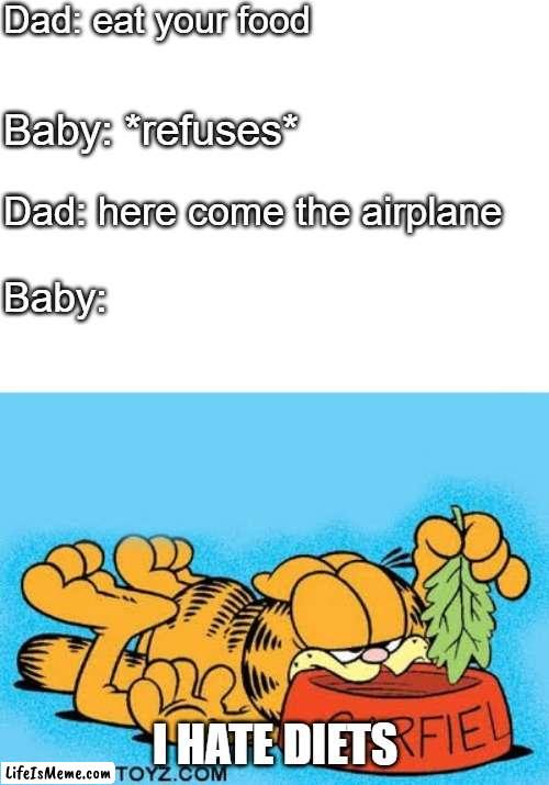 diets be like... | Dad: eat your food; Baby: *refuses*; Dad: here come the airplane; Baby:; I HATE DIETS | image tagged in garfield on a diet | made w/ Lifeismeme meme maker