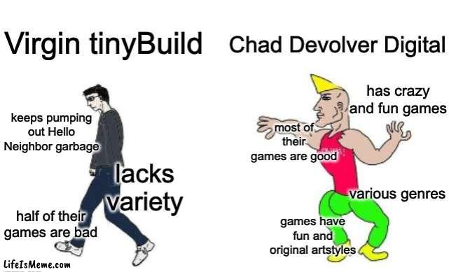 Devolver Digital rocks! | image tagged in fun,video games,chad,virgin and chad,virgin vs chad | made w/ Lifeismeme meme maker