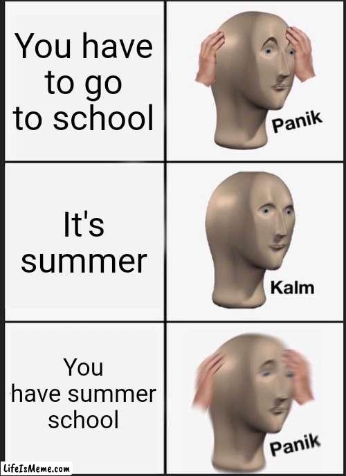 Summer be like: | You have to go to school; It's summer; You have summer school | image tagged in memes,panik kalm panik,school | made w/ Lifeismeme meme maker