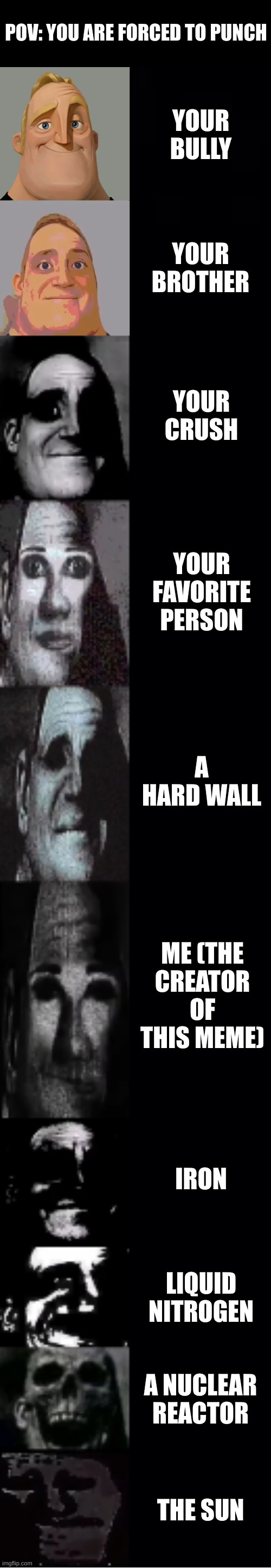 Punching things | POV: YOU ARE FORCED TO PUNCH; YOUR BULLY; YOUR BROTHER; YOUR CRUSH; YOUR FAVORITE PERSON; A HARD WALL; ME (THE CREATOR OF THIS MEME); IRON; LIQUID NITROGEN; A NUCLEAR REACTOR; THE SUN | image tagged in mr incredible becoming uncanny | made w/ Lifeismeme meme maker