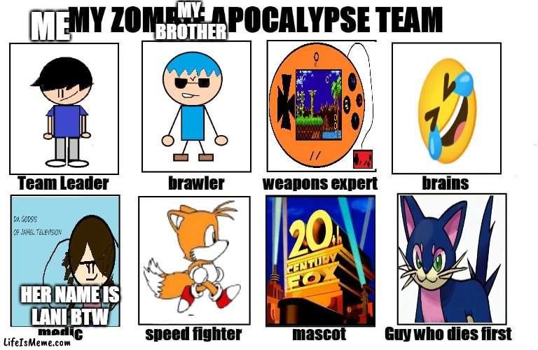 My Zombie Apocalypse Team JAHEL Television Edition | MY 
BROTHER; ME; HER NAME IS
LANI BTW | image tagged in my zombie apocalypse team | made w/ Lifeismeme meme maker