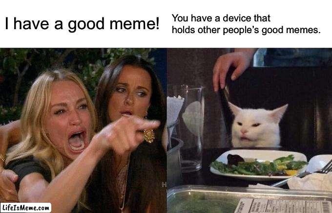 I came up with this at 3 am, so it’s either really great or really bad - and most likely the latter. | I have a good meme! You have a device that holds other people’s good memes. | image tagged in memes,woman yelling at cat,making memes | made w/ Lifeismeme meme maker