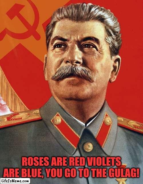 What a beautiful rhyme | ROSES ARE RED VIOLETS ARE BLUE, YOU GO TO THE GULAG! | image tagged in joseph stalin,stalin,gulag,russia,soviet union,rhymes | made w/ Lifeismeme meme maker