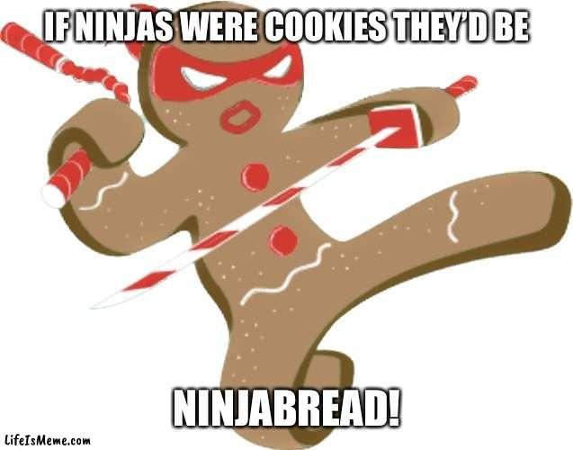Ninjabread | IF NINJAS WERE COOKIES THEY’D BE; NINJABREAD! | image tagged in ninja,cookies,gingerbread man,gingerbread | made w/ Lifeismeme meme maker