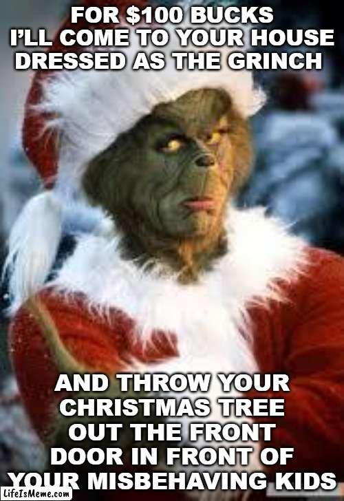 Xmas Grinch Advert | FOR $100 BUCKS I’LL COME TO YOUR HOUSE DRESSED AS THE GRINCH; AND THROW YOUR CHRISTMAS TREE OUT THE FRONT DOOR IN FRONT OF YOUR MISBEHAVING KIDS | image tagged in grinch,job posting,bad kids | made w/ Lifeismeme meme maker
