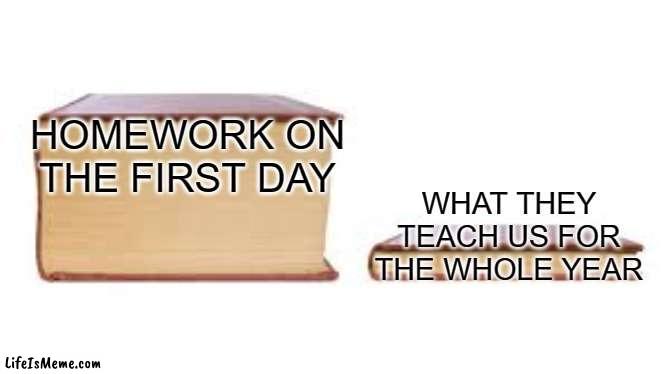 relatable. | HOMEWORK ON THE FIRST DAY; WHAT THEY TEACH US FOR THE WHOLE YEAR | image tagged in big book small book | made w/ Lifeismeme meme maker