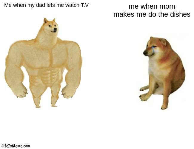 dads doe | Me when my dad lets me watch T.V; me when mom makes me do the dishes | image tagged in memes,buff doge vs cheems | made w/ Lifeismeme meme maker