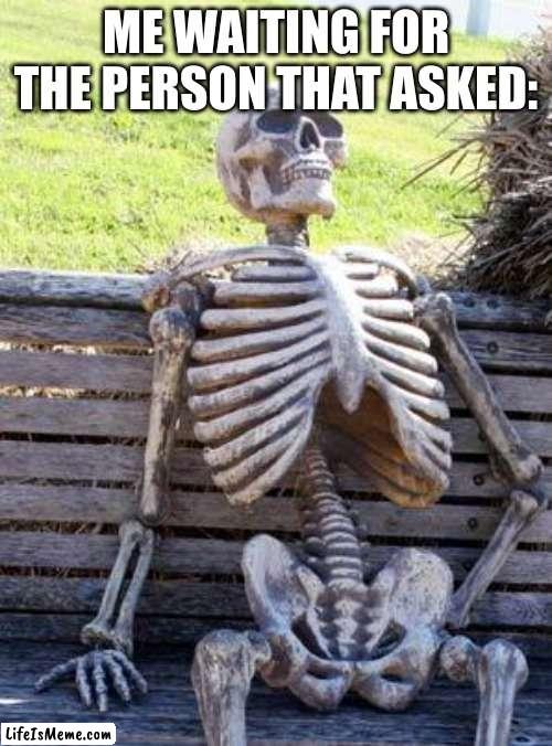 Another cringe meme boiz | ME WAITING FOR THE PERSON THAT ASKED: | image tagged in memes,waiting skeleton | made w/ Lifeismeme meme maker