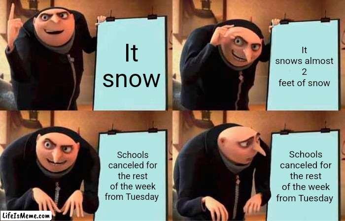 Alaska right now | It snow; It snows almost 2 feet of snow; Schools canceled for the rest of the week from Tuesday; Schools canceled for the rest of the week from Tuesday | image tagged in memes,gru's plan | made w/ Lifeismeme meme maker