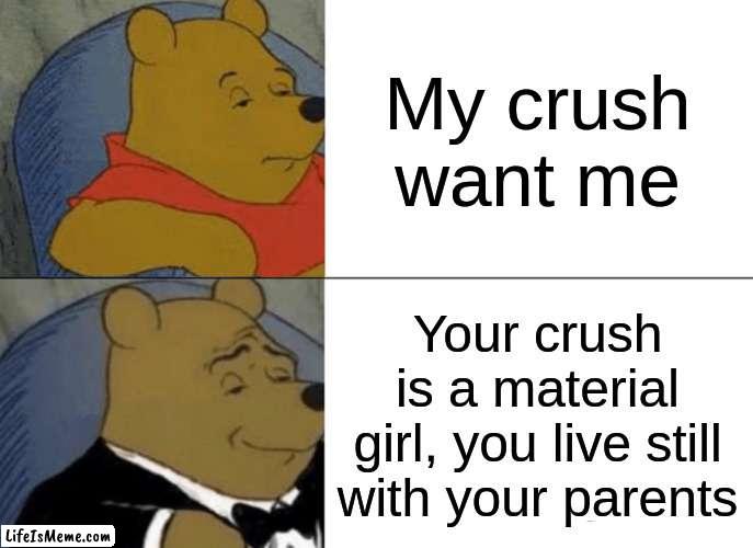 material girl | My crush want me; Your crush is a material girl, you live still with your parents | image tagged in memes,tuxedo winnie the pooh | made w/ Lifeismeme meme maker