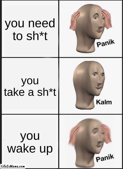sh*t | you need to sh*t; you take a sh*t; you wake up | image tagged in memes,panik kalm panik | made w/ Lifeismeme meme maker
