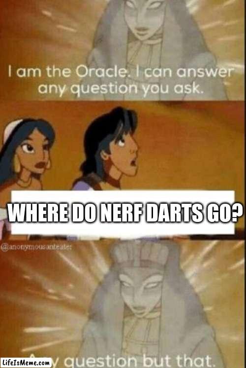 I'm just gonna say it. My dad took them with him to get the milk in the backrooms. | WHERE DO NERF DARTS GO? | image tagged in the oracle,nerf,darts | made w/ Lifeismeme meme maker