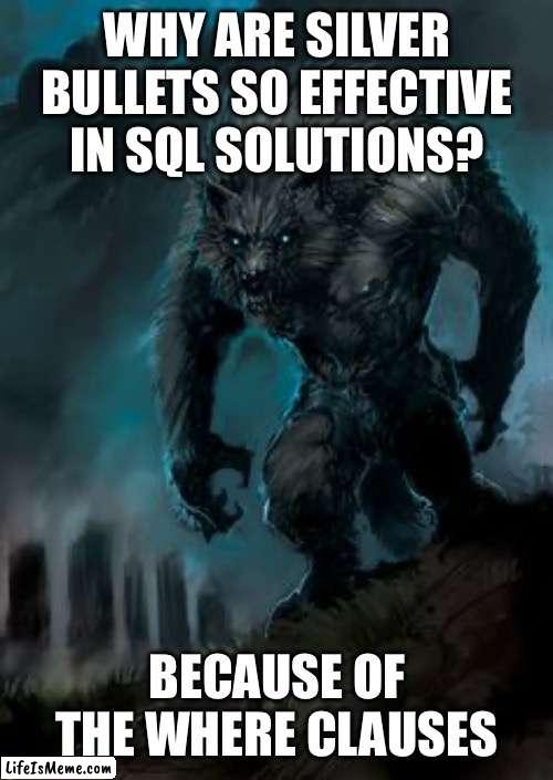 We’re going to get our data extraction right with these silver bullets | WHY ARE SILVER BULLETS SO EFFECTIVE IN SQL SOLUTIONS? BECAUSE OF THE WHERE CLAUSES | image tagged in werewolf,sql,databases,the oracle | made w/ Lifeismeme meme maker