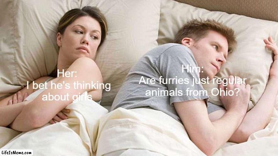 HOLY CRAP GUYS, THIS IS HUGE! | Him:
Are furries just regular animals from Ohio? Her:
 I bet he's thinking about girls | image tagged in couple in bed,memes,anti furry,ohio,realization | made w/ Lifeismeme meme maker
