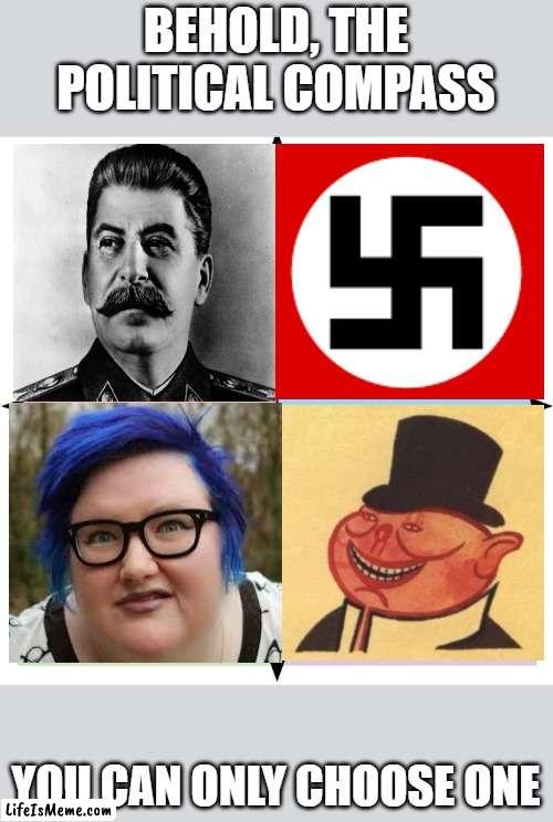 Blank Political Compass | BEHOLD, THE POLITICAL COMPASS; YOU CAN ONLY CHOOSE ONE | image tagged in blank political compass | made w/ Lifeismeme meme maker