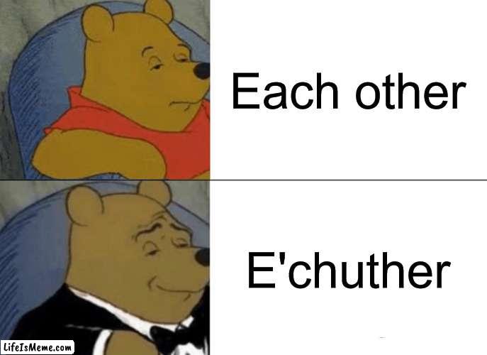 Each Other | Each other; E'chuther | image tagged in memes,tuxedo winnie the pooh | made w/ Lifeismeme meme maker