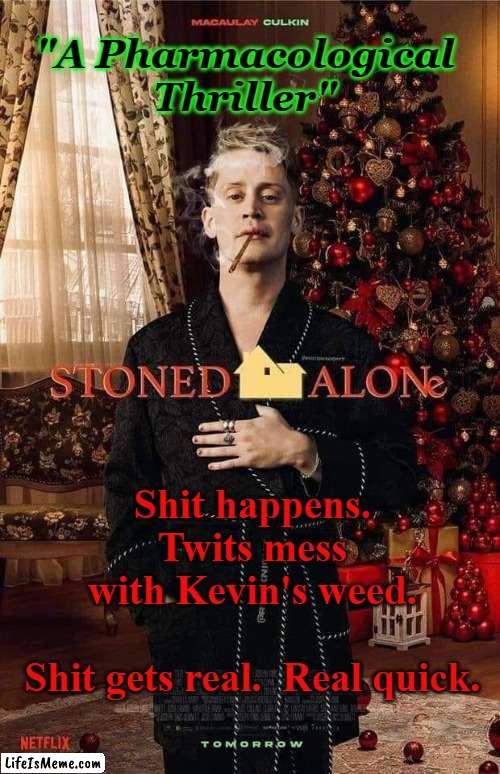 Stoned Alone | "A Pharmacological Thriller"; Shit happens. Twits mess with Kevin's weed.
    

Shit gets real.  Real quick. | image tagged in pharmacological thriller,satire,weed,home alone,christmas movies | made w/ Lifeismeme meme maker