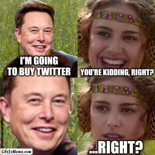 Anakin Musk | I'M GOING TO BUY TWITTER; YOU'RE KIDDING, RIGHT? ...RIGHT? | image tagged in elon musk,twitter,anakin padme 4 panel | made w/ Lifeismeme meme maker