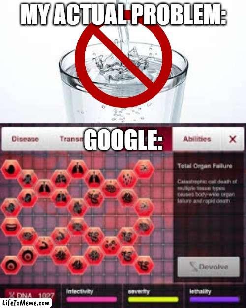 Did you know that not drinking water gives you aids, smallpox, the Spanish flu and everything else? | MY ACTUAL PROBLEM:; GOOGLE: | image tagged in google,google results,plague inc,dehydration | made w/ Lifeismeme meme maker