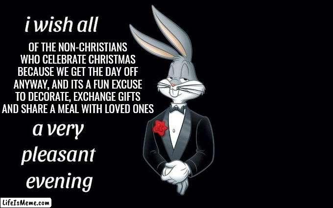 Does anyone still celebrate xmas as a religious holiday? | OF THE NON-CHRISTIANS WHO CELEBRATE CHRISTMAS BECAUSE WE GET THE DAY OFF ANYWAY, AND ITS A FUN EXCUSE TO DECORATE, EXCHANGE GIFTS AND SHARE A MEAL WITH LOVED ONES | image tagged in i wish all the x a very pleasant evening,christmas | made w/ Lifeismeme meme maker
