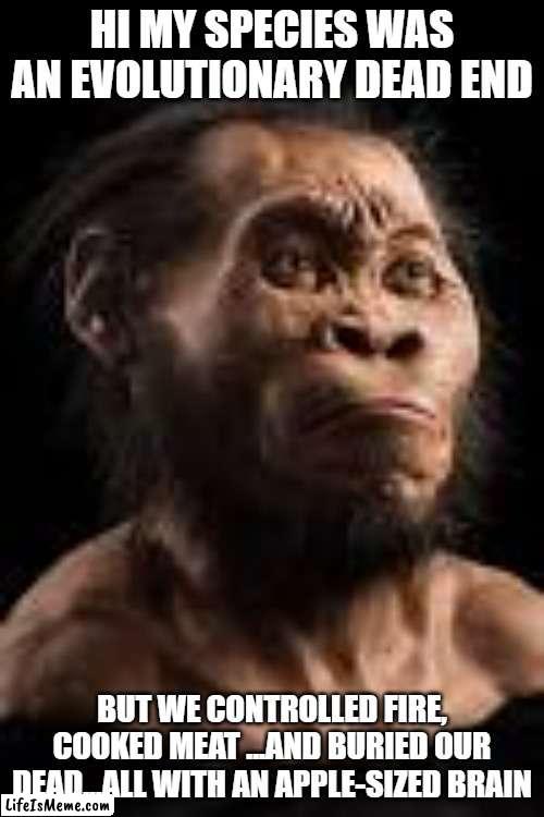 h naledi | HI MY SPECIES WAS AN EVOLUTIONARY DEAD END; BUT WE CONTROLLED FIRE, COOKED MEAT ...AND BURIED OUR DEAD...ALL WITH AN APPLE-SIZED BRAIN | image tagged in memes | made w/ Lifeismeme meme maker