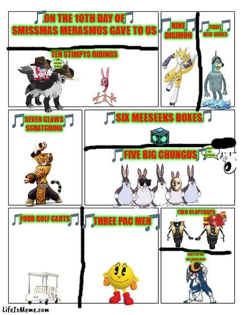 12 days of smissmas day 10 | ON THE 10TH DAY OF SMISSMAS MERASMUS GAVE TO US; EIGHT NEW SHOES; NINE DIGIMON; TEN STIMPYS RIDINGS; DON'T NEED A SATTLE FOR THIS ONE; SIX MEESEEKS BOXES; SEVEN CLAWS SCRATCHING; MORE LIKE THE 12 YEARS OF SMISSMAS; FIVE BIG CHUNGUS; TWO CLAPTRAPS; FOUR GOLF CARTS; THREE PAC MEN; AND A TOP HAT ON A NIGHT WOLF | image tagged in 3x2 blank comic strip,christmas,ren and stimpy,kung fu panda,big chungus,tf2 | made w/ Lifeismeme meme maker