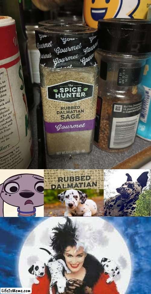 Rubbed Dalmatian Sage. Gourmet. From Spice Hunter. | image tagged in dalmatians,herbs,sage,cruella deville,dogs,bad pun dog | made w/ Lifeismeme meme maker