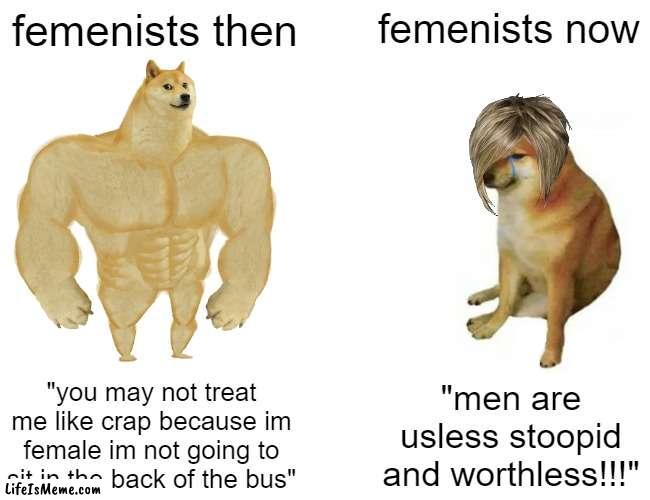 people are getting weaker :( | femenists then; femenists now; "you may not treat me like crap because im female im not going to sit in the back of the bus"; "men are usless stoopid and worthless!!!" | image tagged in memes,buff doge vs cheems | made w/ Lifeismeme meme maker