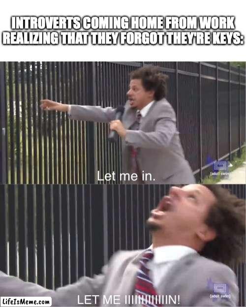 Based on true story | INTROVERTS COMING HOME FROM WORK REALIZING THAT THEY FORGOT THEY'RE KEYS: | image tagged in let me in | made w/ Lifeismeme meme maker