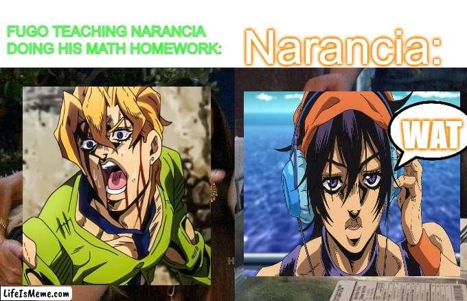 mad fugo | FUGO TEACHING NARANCIA DOING HIS MATH HOMEWORK:; Narancia:; WAT | image tagged in memes,woman yelling at cat,jojo's bizarre adventure | made w/ Lifeismeme meme maker