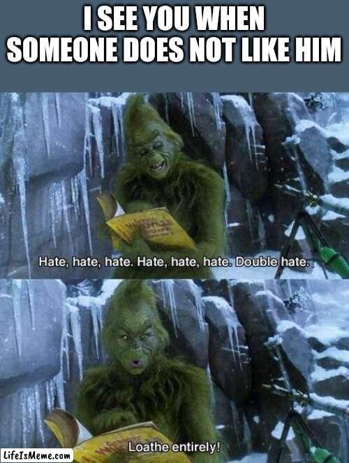 I see you as a grinch | I SEE YOU WHEN SOMEONE DOES NOT LIKE HIM | image tagged in i see you | made w/ Lifeismeme meme maker