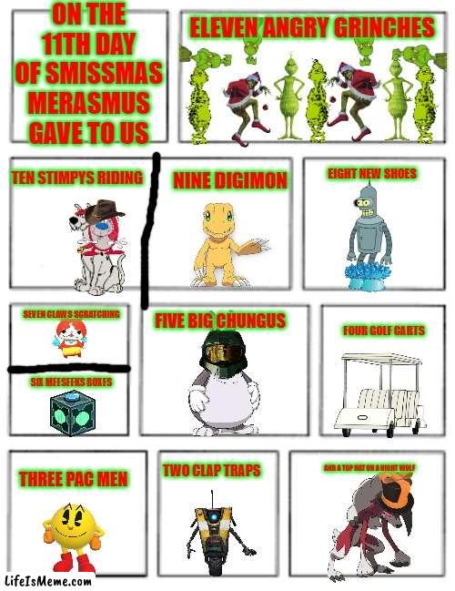 12 days of smissmas day 11 | ON THE 11TH DAY OF SMISSMAS MERASMUS GAVE TO US; ELEVEN ANGRY GRINCHES; TEN STIMPYS RIDING; NINE DIGIMON; EIGHT NEW SHOES; SEVEN CLAWS SCRATCHING; FIVE BIG CHUNGUS; FOUR GOLF CARTS; SIX MEESEEKS BOXES; AND A TOP HAT ON A NIGHT WOLF; TWO CLAP TRAPS; THREE PAC MEN | image tagged in 5x2 blank comic strip,christmas,scooby doo,pokemon,the grinch | made w/ Lifeismeme meme maker
