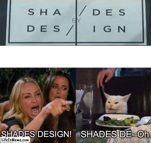 You win this time | SHADES DESIGN! SHADES DE- Oh | image tagged in memes,woman yelling at cat | made w/ Lifeismeme meme maker