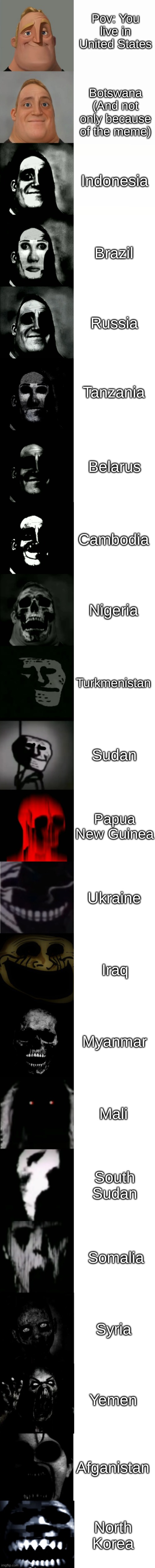 Hopefully you live near the top | Pov: You live in United States; Botswana (And not only because of the meme); Indonesia; Brazil; Russia; Tanzania; Belarus; Cambodia; Nigeria; Turkmenistan; Sudan; Papua New Guinea; Ukraine; Iraq; Myanmar; Mali; South Sudan; Somalia; Syria; Yemen; Afganistan; North Korea | image tagged in mr incredible becoming uncanny 22 phases | made w/ Lifeismeme meme maker