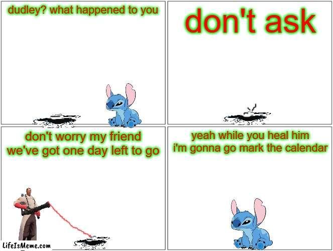 grinch stampede aftermath | dudley? what happened to you; don't ask; don't worry my friend we've got one day left to go; yeah while you heal him i'm gonna go mark the calendar | image tagged in memes,blank comic panel 2x2,stitch,tf2,christmas | made w/ Lifeismeme meme maker