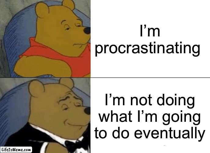 I should be studying right now | I’m procrastinating; I’m not doing what I’m going to do eventually | image tagged in memes,tuxedo winnie the pooh | made w/ Lifeismeme meme maker