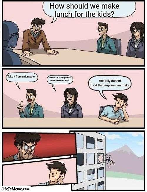 Some Of It Isn't That Bad Tho | How should we make lunch for the kids? Take it from a dumpster; Actually decent food that anyone can make; Too much bland greens and bad tasting stuff | image tagged in memes,boardroom meeting suggestion | made w/ Lifeismeme meme maker