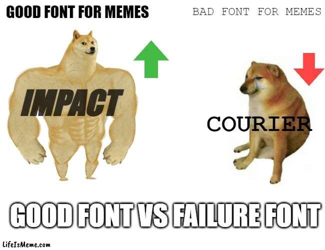 Meme Fonts | GOOD FONT FOR MEMES; BAD FONT FOR MEMES; IMPACT; COURIER; GOOD FONT VS FAILURE FONT | image tagged in memes,buff doge vs cheems | made w/ Lifeismeme meme maker