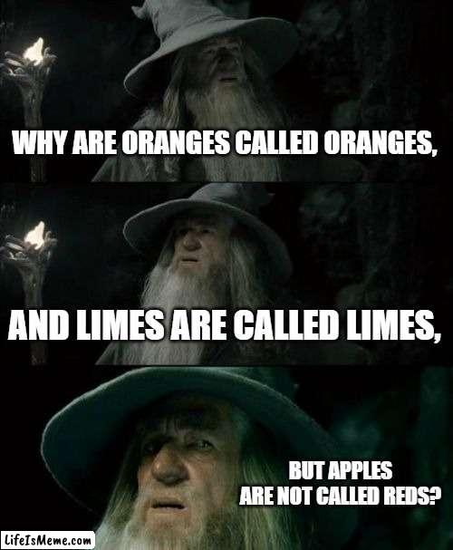 I didn't steal part of a black guy's meme. I take credit from him. Don't ask me why | WHY ARE ORANGES CALLED ORANGES, AND LIMES ARE CALLED LIMES, BUT APPLES ARE NOT CALLED REDS? | image tagged in memes,confused gandalf | made w/ Lifeismeme meme maker