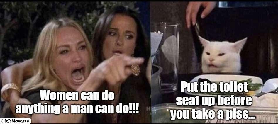 Karen Carpenter and Smudge Cat | Put the toilet seat up before you take a piss... Women can do anything a man can do!!! | image tagged in karen carpenter and smudge cat | made w/ Lifeismeme meme maker