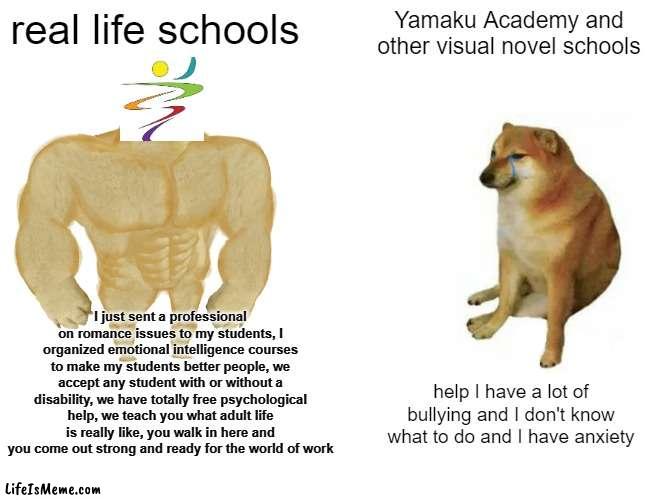 My school vs Schools Visual Novels | real life schools; Yamaku Academy and other visual novel schools; I just sent a professional on romance issues to my students, I organized emotional intelligence courses to make my students better people, we accept any student with or without a disability, we have totally free psychological help, we teach you what adult life is really like, you walk in here and you come out strong and ready for the world of work; help I have a lot of bullying and I don't know what to do and I have anxiety | image tagged in memes,buff doge vs cheems,visual novel,reality | made w/ Lifeismeme meme maker