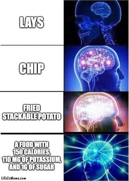 I'm too smart | LAYS; CHIP; FRIED STACKABLE POTATO; A FOOD WITH 150 CALORIES, 110 MG OF POTASSIUM, AND 1G OF SUGAR | image tagged in memes,expanding brain | made w/ Lifeismeme meme maker