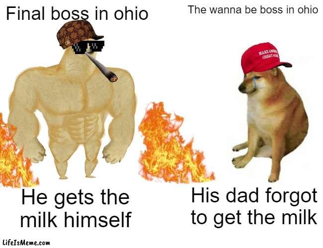OHIO Boss | Final boss in ohio; The wanna be boss in ohio; His dad forgot to get the milk; He gets the milk himself | image tagged in memes,buff doge vs cheems | made w/ Lifeismeme meme maker