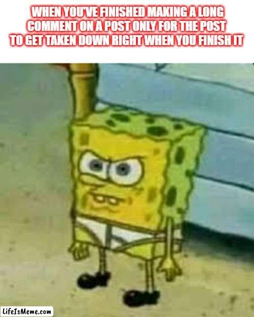 Well that sucks | WHEN YOU'VE FINISHED MAKING A LONG COMMENT ON A POST ONLY FOR THE POST TO GET TAKEN DOWN RIGHT WHEN YOU FINISH IT | image tagged in spongebob in underwear | made w/ Lifeismeme meme maker
