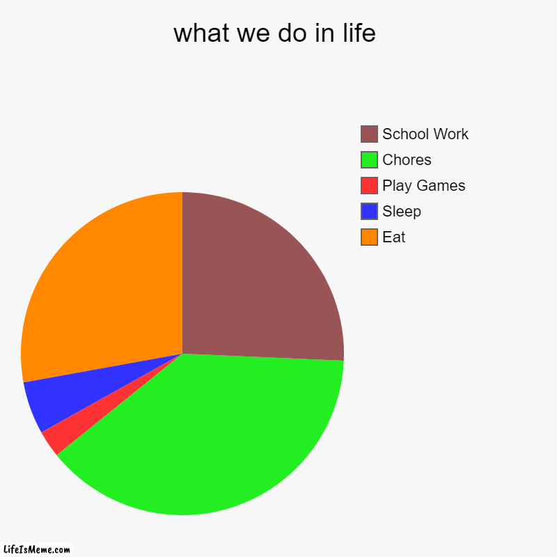 What We Do In Life | what we do in life | Eat, Sleep, Play Games, Chores, School Work | image tagged in charts,pie charts,accurate | made w/ Lifeismeme chart maker