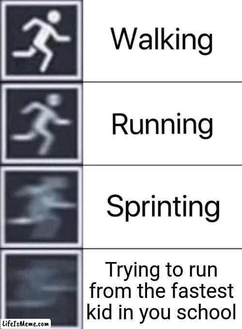 I'm out of breath | Trying to run from the fastest kid in you school | image tagged in walking running sprinting | made w/ Lifeismeme meme maker
