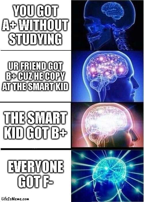somethin wrong | YOU GOT A+ WITHOUT STUDYING; UR FRIEND GOT B+ CUZ HE COPY AT THE SMART KID; THE SMART KID GOT B+; EVERYONE GOT F- | image tagged in memes,expanding brain | made w/ Lifeismeme meme maker