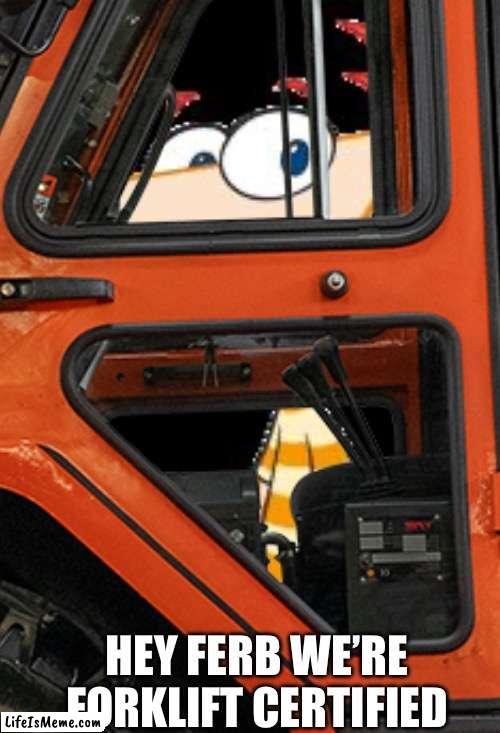 Phineas becomes forklift certified | HEY FERB WE’RE FORKLIFT CERTIFIED | image tagged in forklift moment,forklift certified,phineas and ferb | made w/ Lifeismeme meme maker