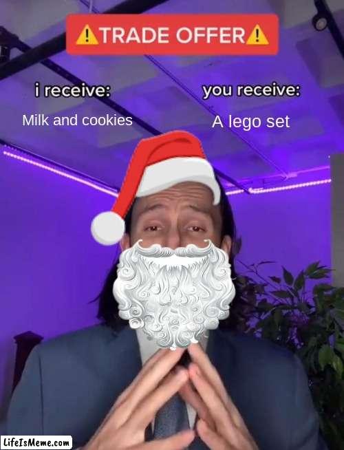 Santa trade offer | Milk and cookies; A lego set | image tagged in trade offer | made w/ Lifeismeme meme maker